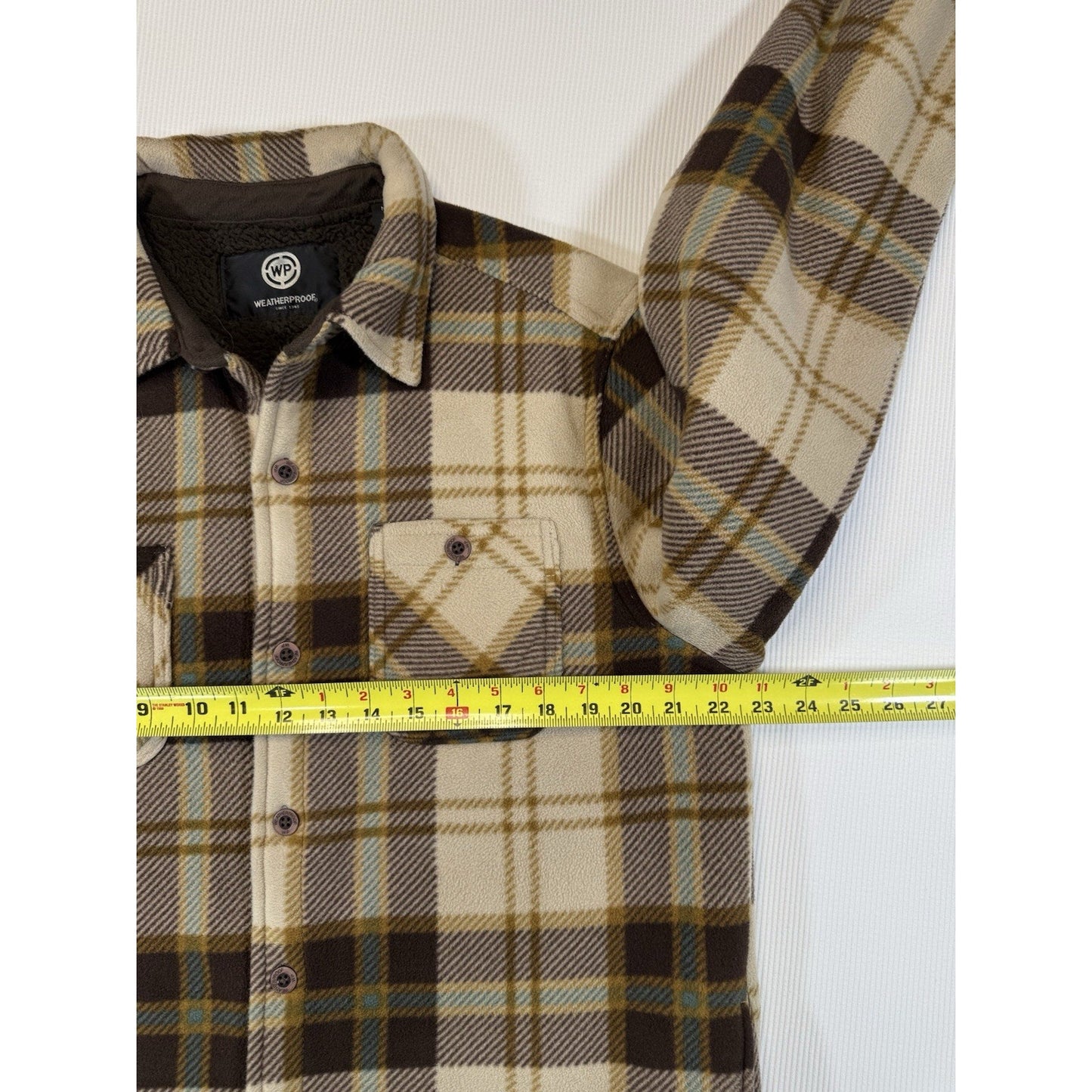 Weatherproof Vintage Men's Sherpa Lined Plaid Flannel Shacket Jacket Tan / Brown