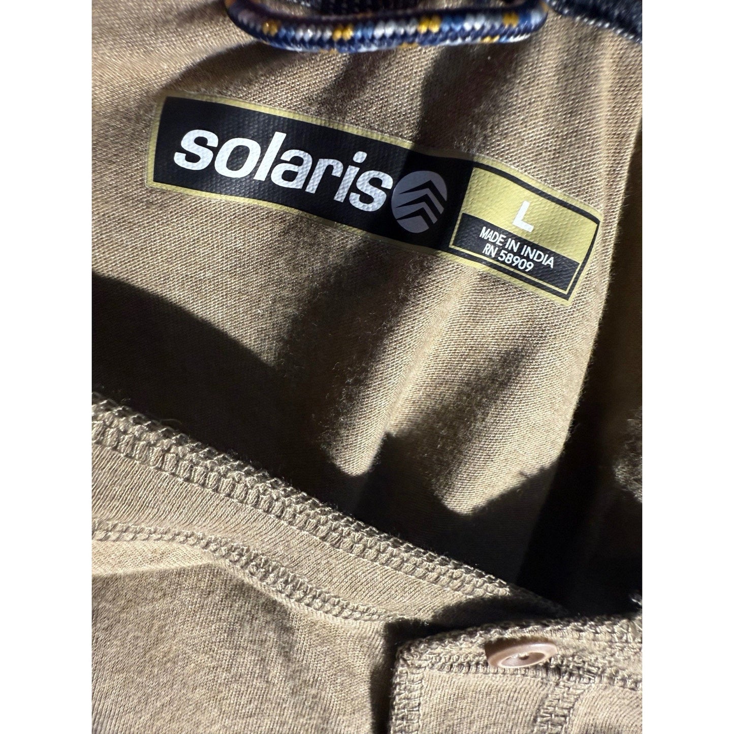 Solaris Men’s Henley Shirt Large Tan Gray Raglan Long Sleeve Casual