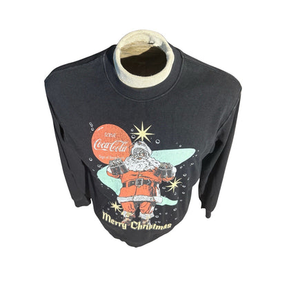 Women’s Coca-Cola Christmas Sweatshirt Santa Claus Holiday Graphic Black Sz S