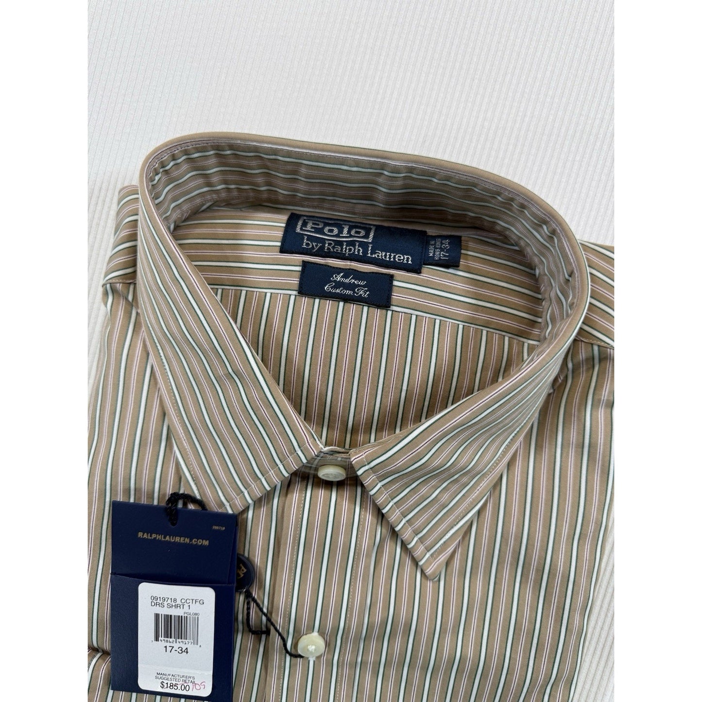 NWT Polo Ralph Lauren Andrew Custom Fit 17-34 Tan Stripe Dress Shirt