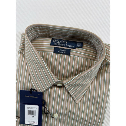 NWT Polo Ralph Lauren Andrew Custom Fit 17-34 Tan Stripe Dress Shirt