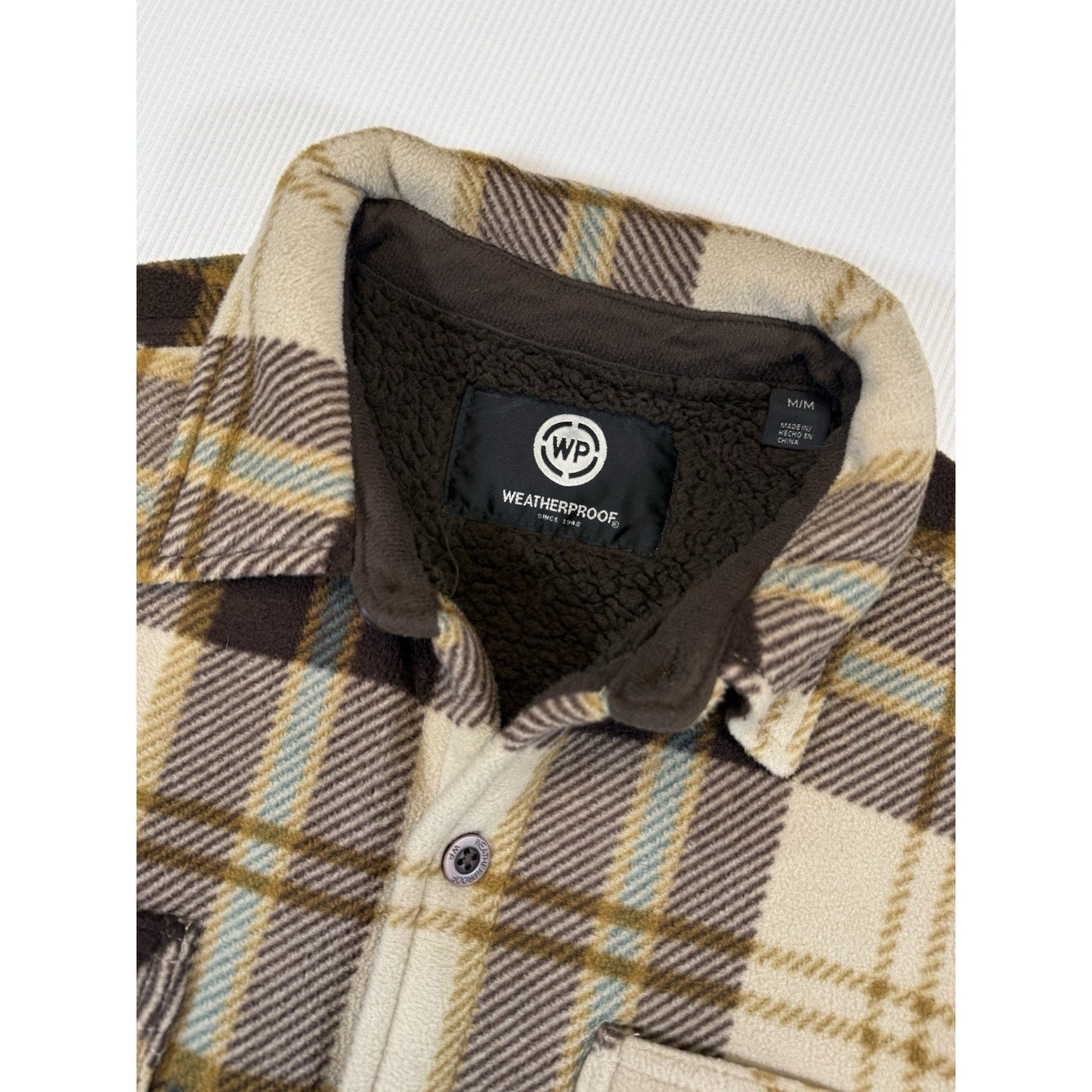 Weatherproof Vintage Men's Sherpa Lined Plaid Flannel Shacket Jacket Tan / Brown