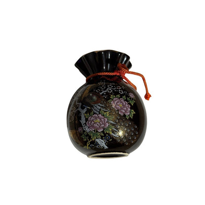 Vintage Japanese Bijutsu Toki Vase Peacock Peony Fortune Bag Black Enamel Japan