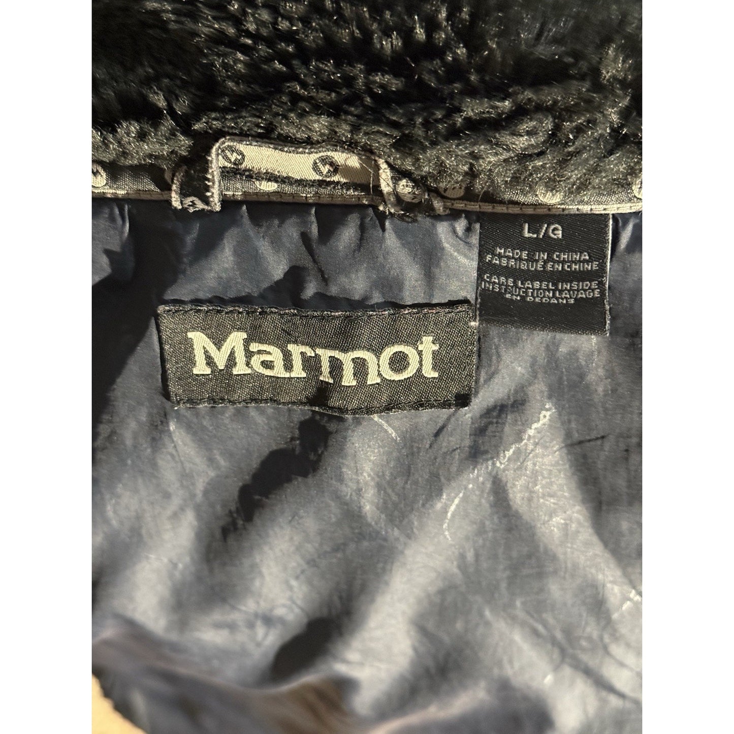 Marmot Black Quilted Jacket Men’s Large Faux Fur Collar Insulated Zip Bomber