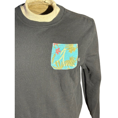 Vans Men’s Medium Black Crewneck Sweatshirt Floral Pocket Long Sleeve Pullover