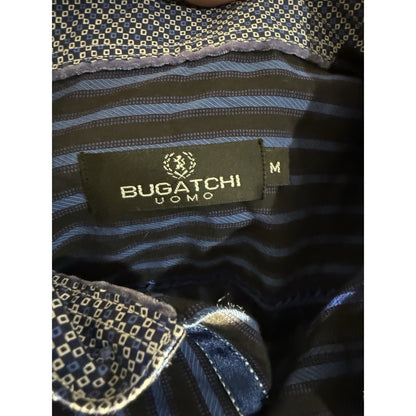 Bugatchi Uomo Men’s Dress Shirt Blue Black Stripe Geometric Trim Cotton M