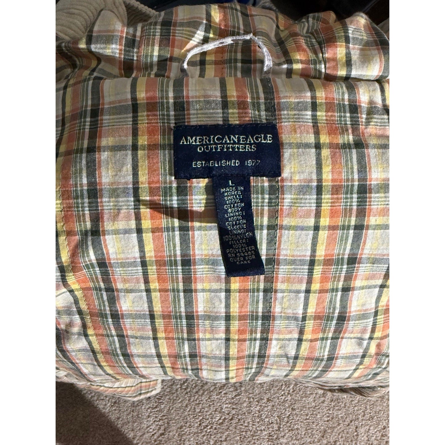 American Eagle Women’s Corduroy Toggle Coat Plaid Lined Hooded Jacket Beige L