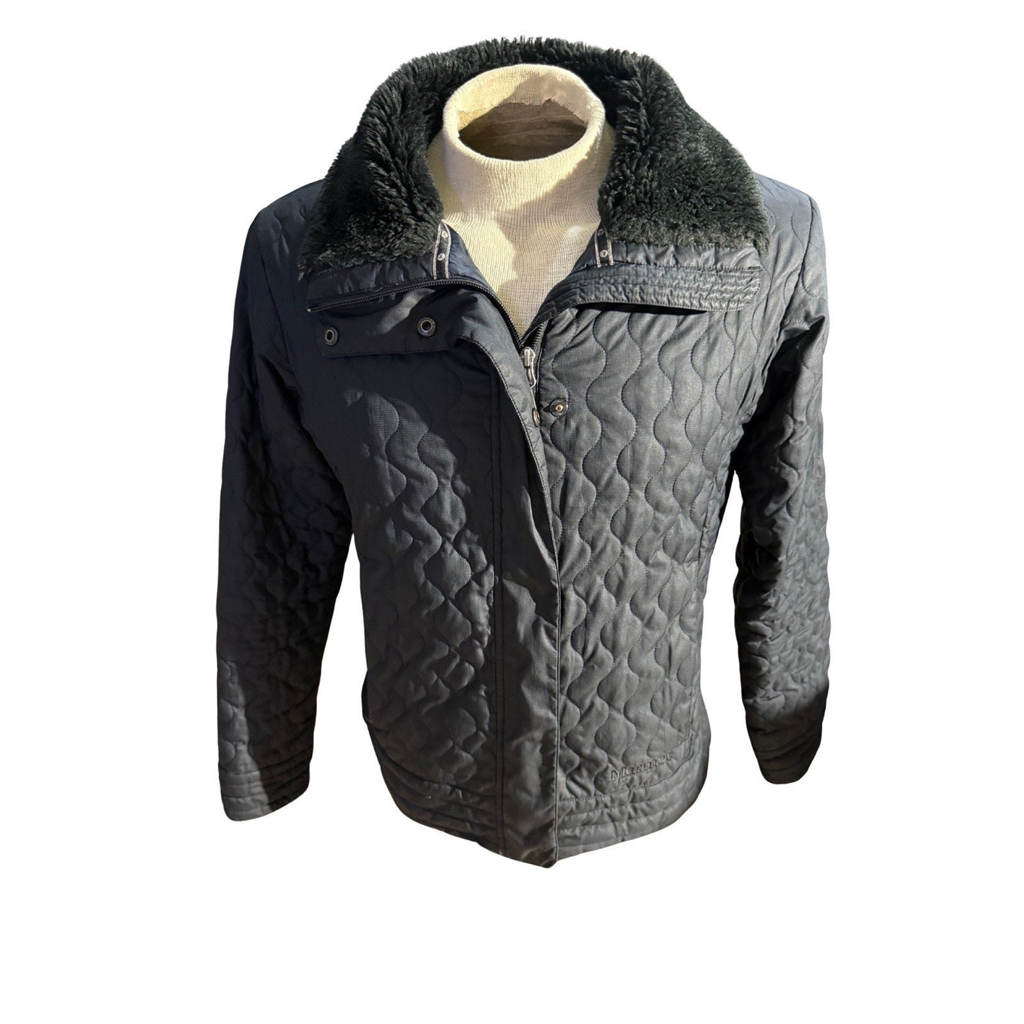 Marmot Black Quilted Jacket Men’s Large Faux Fur Collar Insulated Zip Bomber