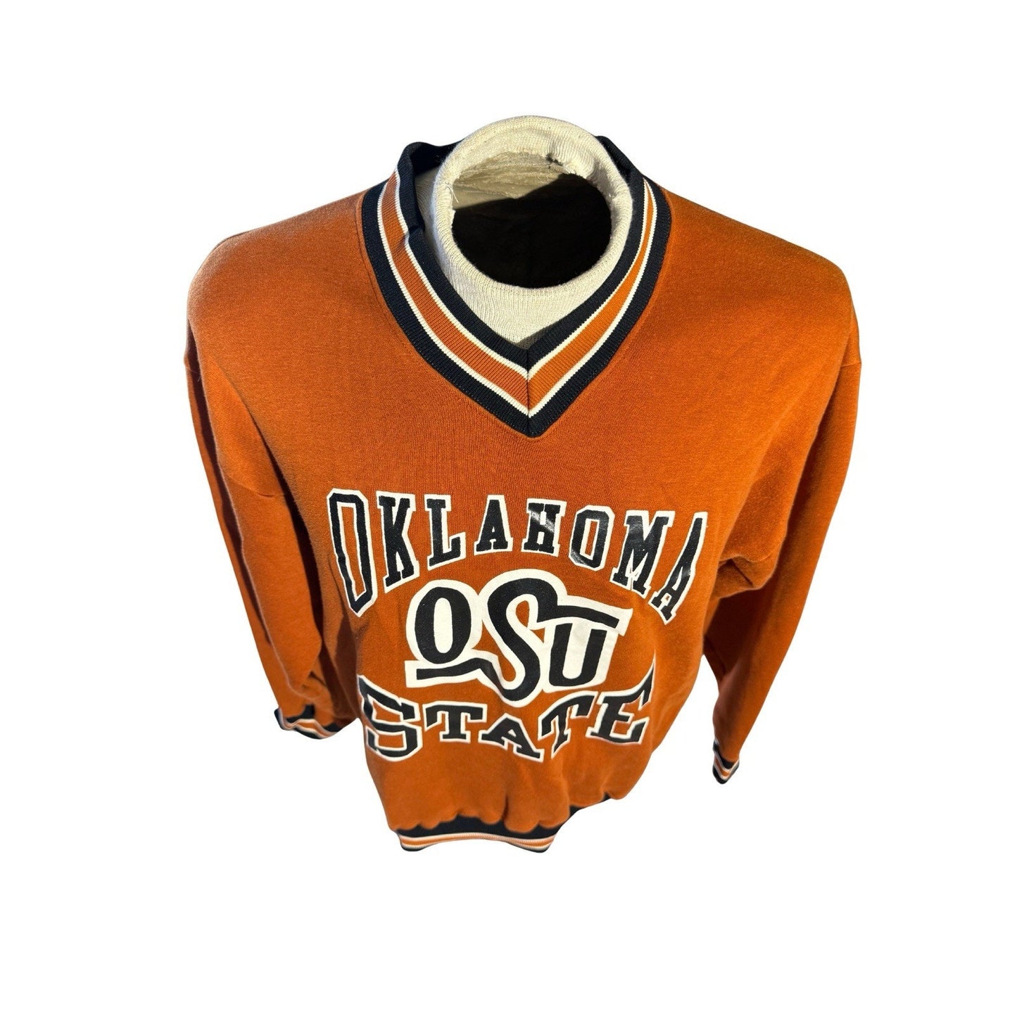 VTG 70s Russell Athletic OSU Oklahoma State V-Neck Sweatshirt Orange L Gold