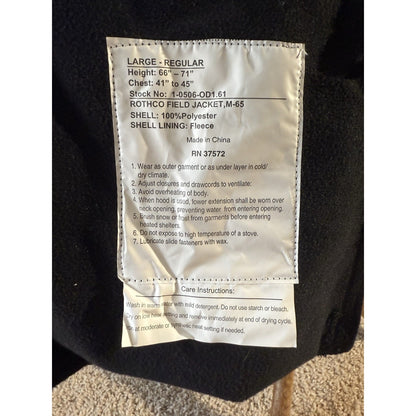Rothco M-65 Field Jacket Large Regular Black Army Military Quilted Liner Hood