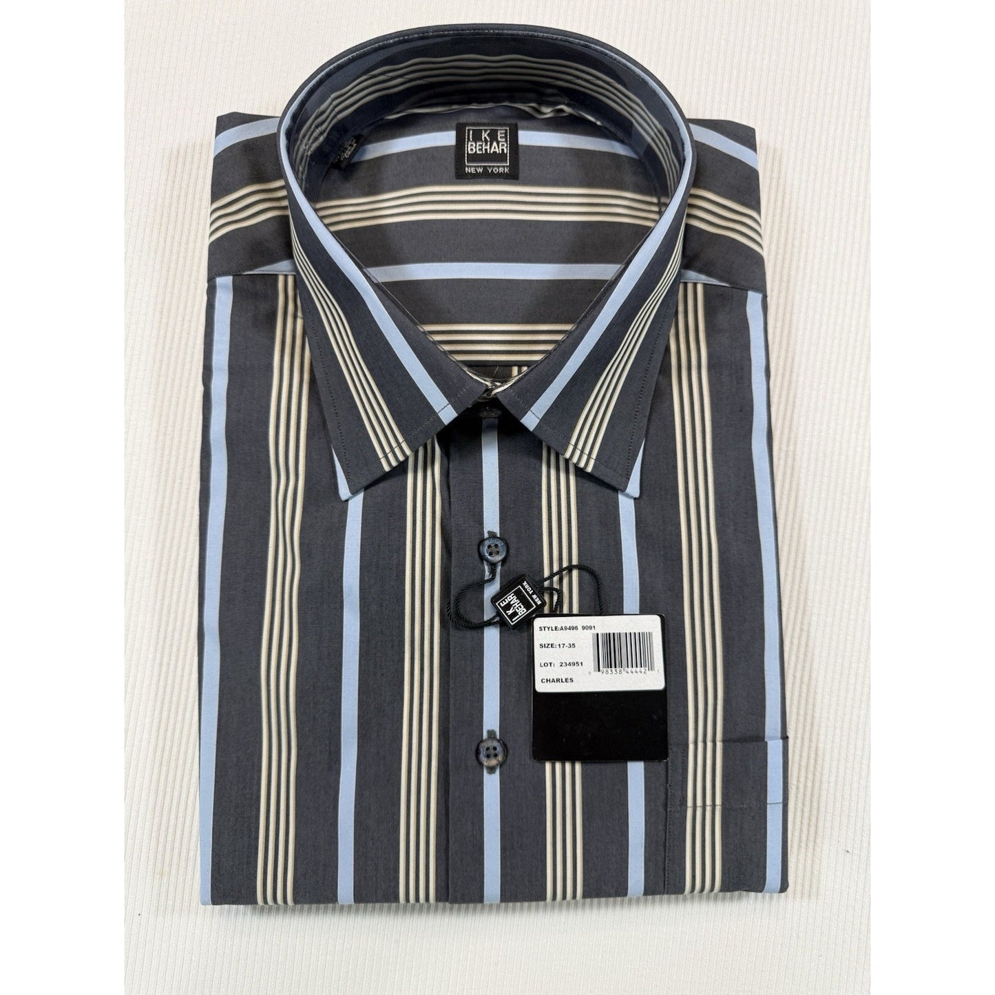 Ike Behar New York Dress Shirt 17 35 Charcoal Blue Stripe Cotton NWT