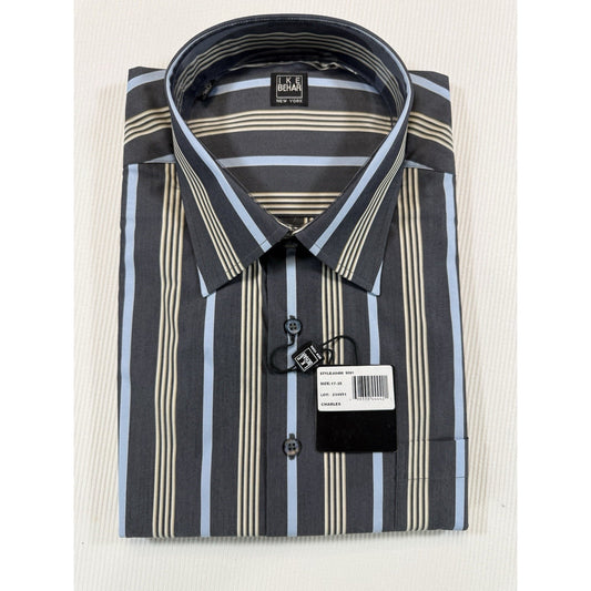 Ike Behar New York Dress Shirt 17 35 Charcoal Blue Stripe Cotton NWT