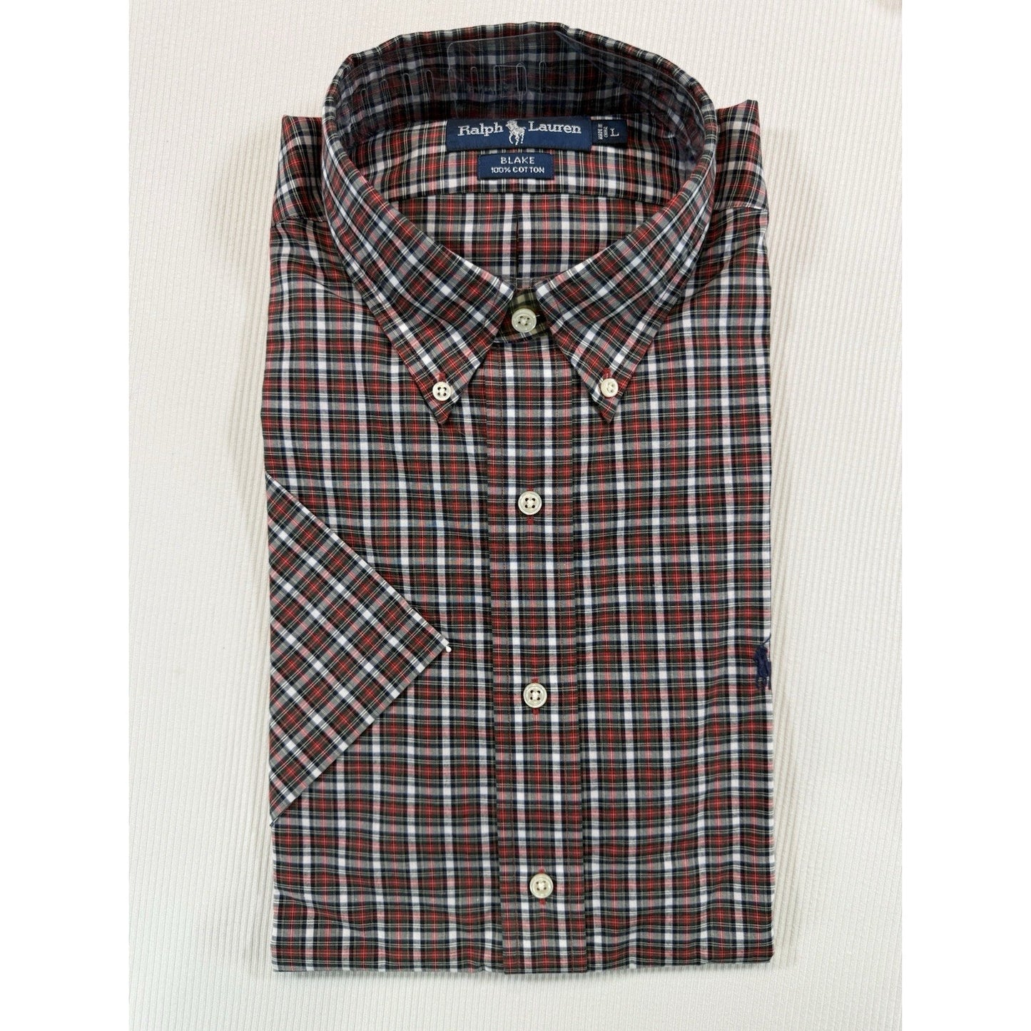 NWT Ralph Lauren Blake L Red Navy Plaid Button Down Dress Shirt 100% Cotton