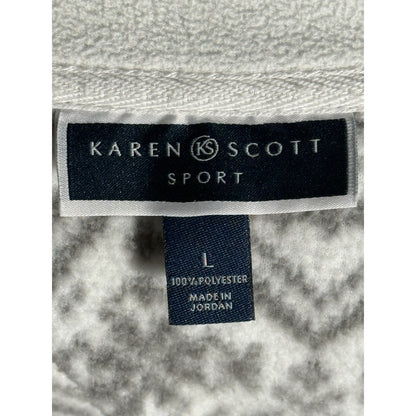 Karen Scott Sport Fleece Jacket Women’s L White Gray Fair Isle Full Zip Cozy