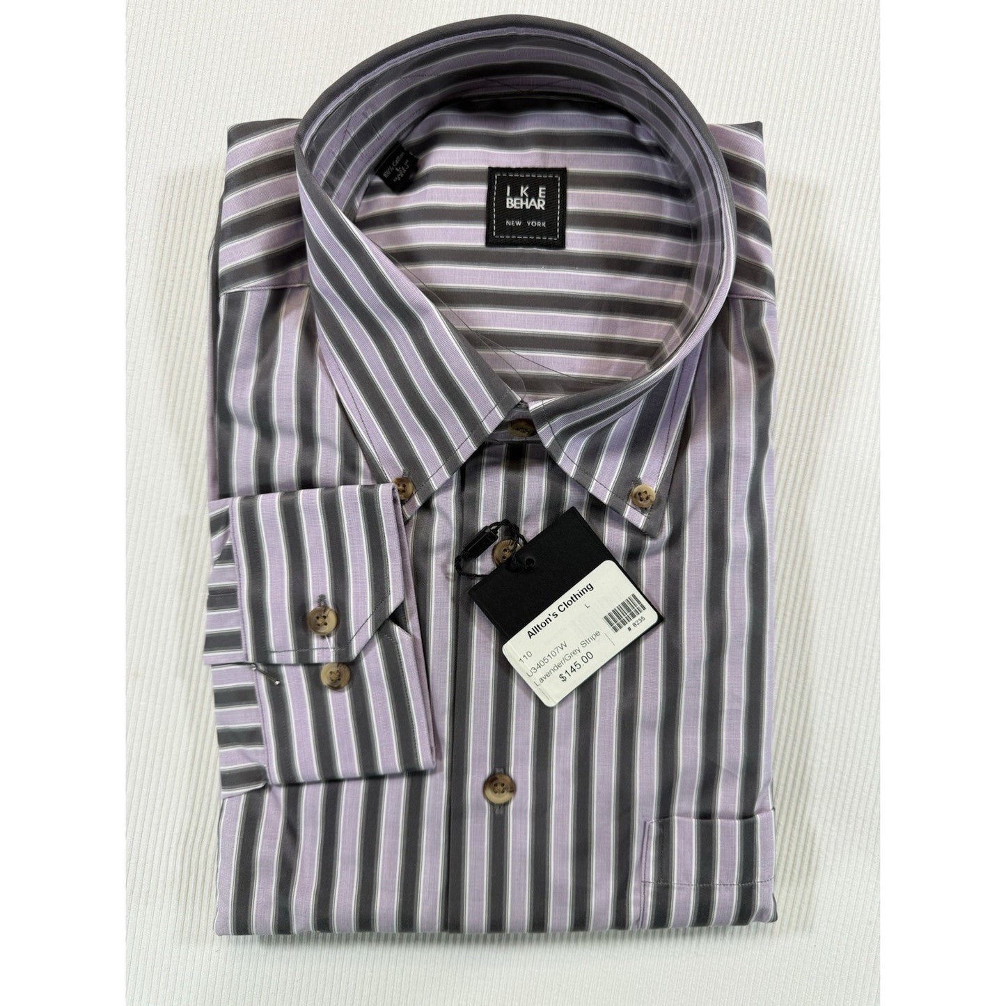 Ike Behar New York Button Down Dress Shirt L Lavender Gray Stripe NWT
