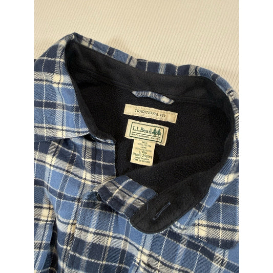 L.L.Bean Jacket Mens Large Blue Gray Plaid Flannel Fleece Lined Shirt Shacket