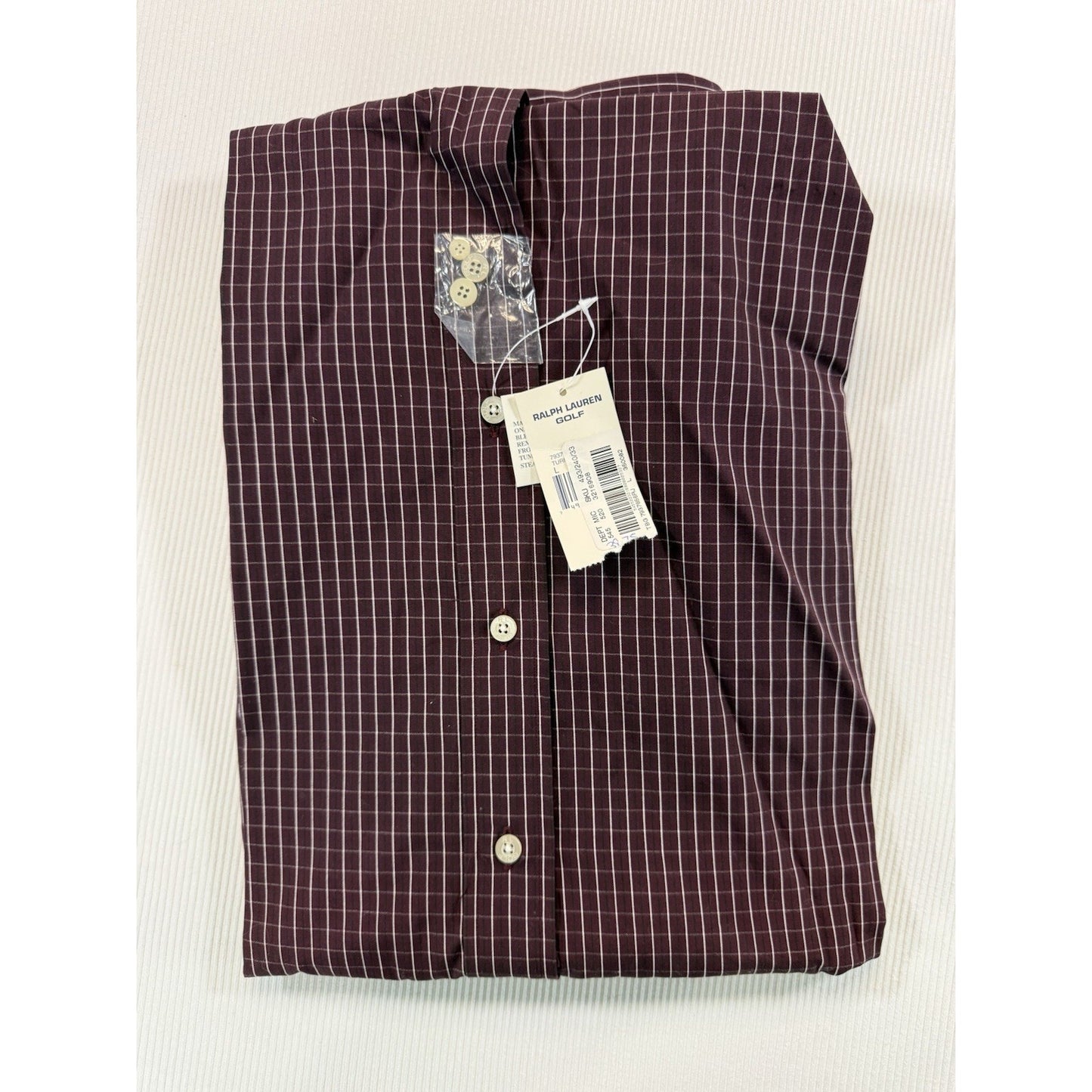 NWT Ralph Lauren Golf Tilden L Burgundy Windowpane Button Down Shirt 100% Cotton